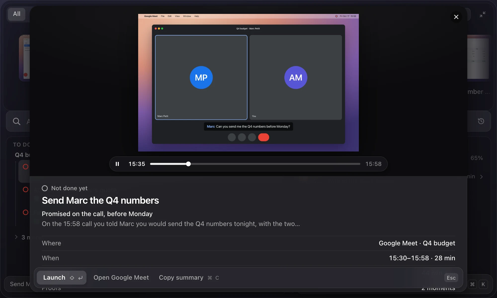 The preview of Send Marc the Q4 numbers: the call replayed from 15:30 to 15:58 with a scrubber, one sentence, where and when, and Launch.